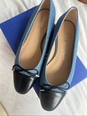 Stuart Weitzman Denim Blue Ballet Flats with Black Cap Toe